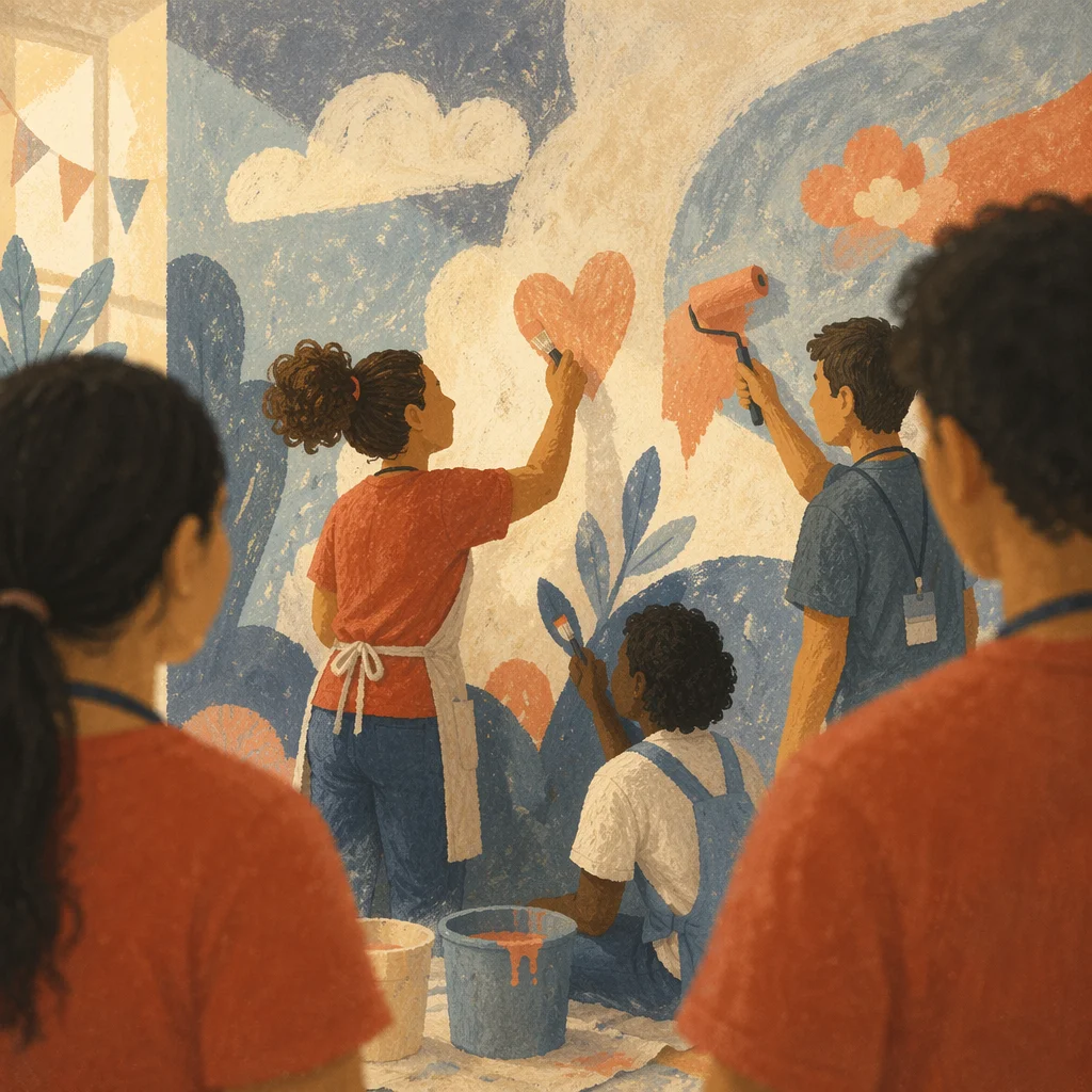 Volunteers Painting a Pastel Community Mural