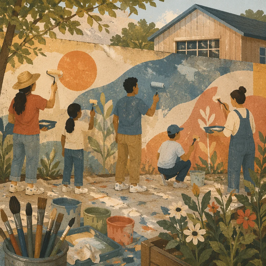 Volunteers Painting Hopeful Community Garden Mural
