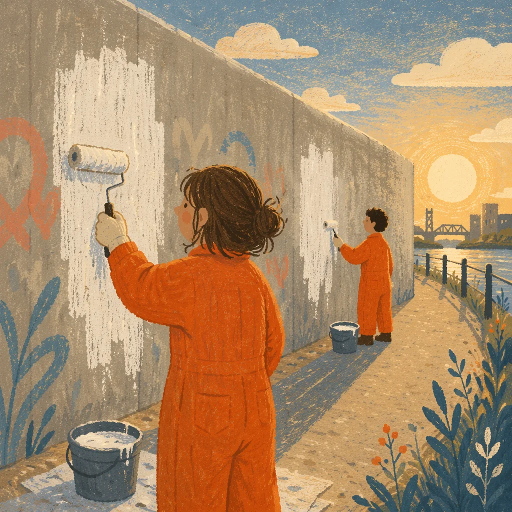 Community Volunteers Repainting Wall at Sunset