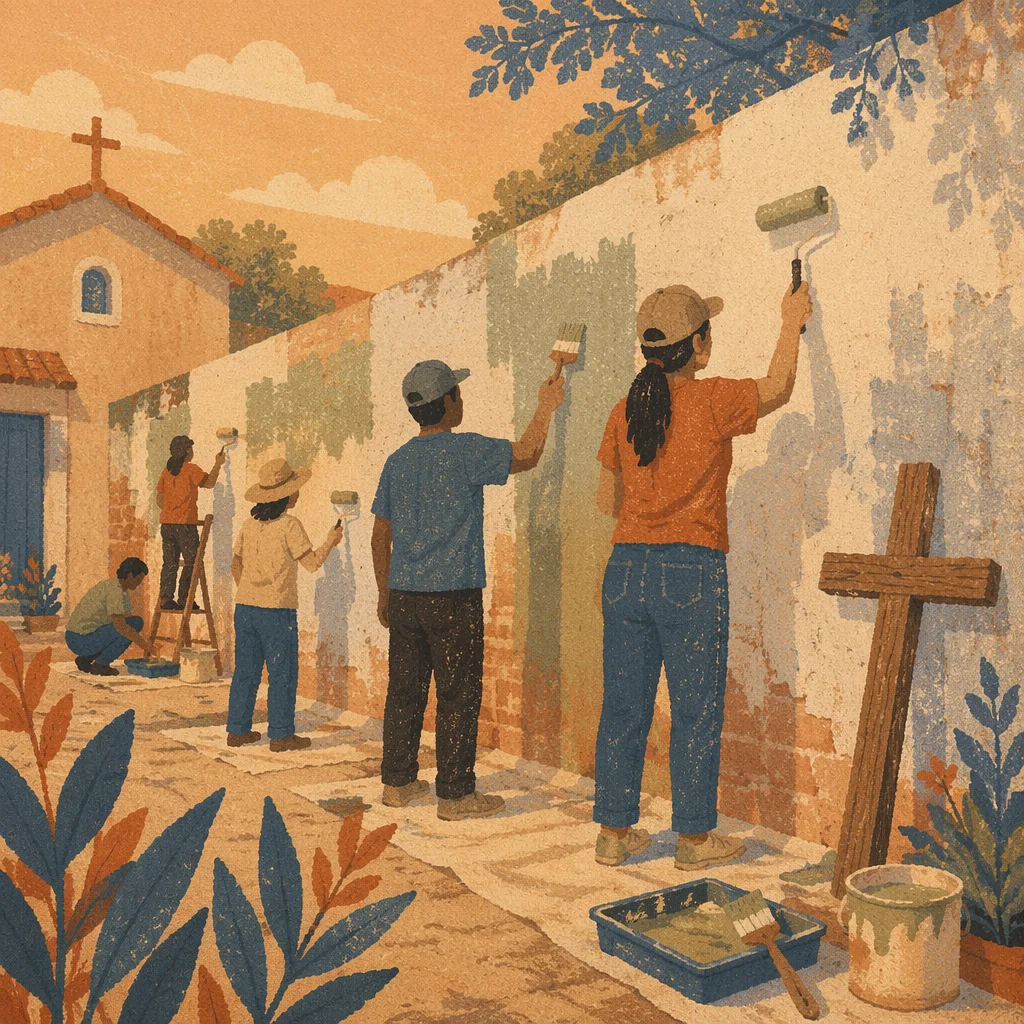 Volunteers Painting Chapel Community Wall Together