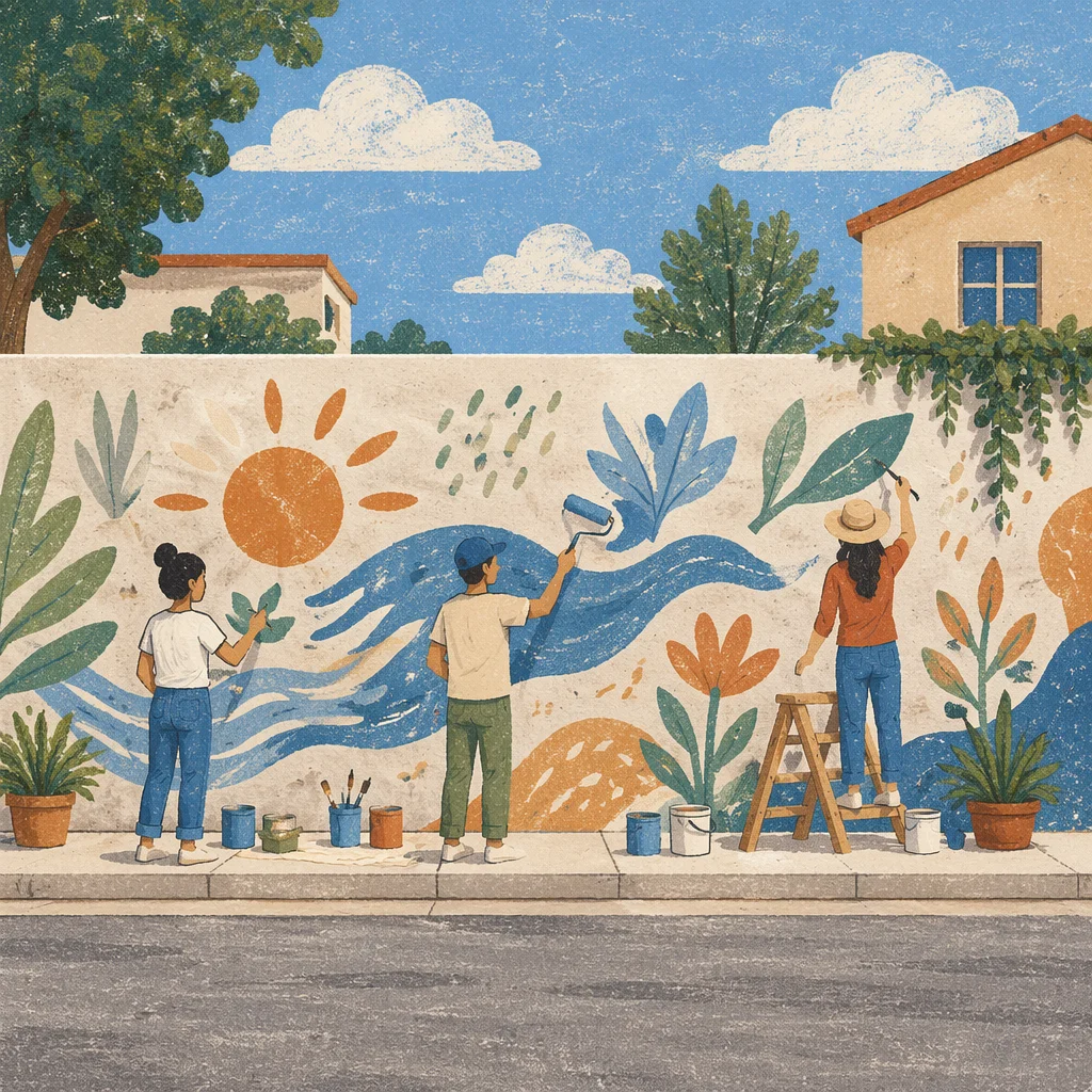 Volunteers Painting a Neighborhood Mural Together