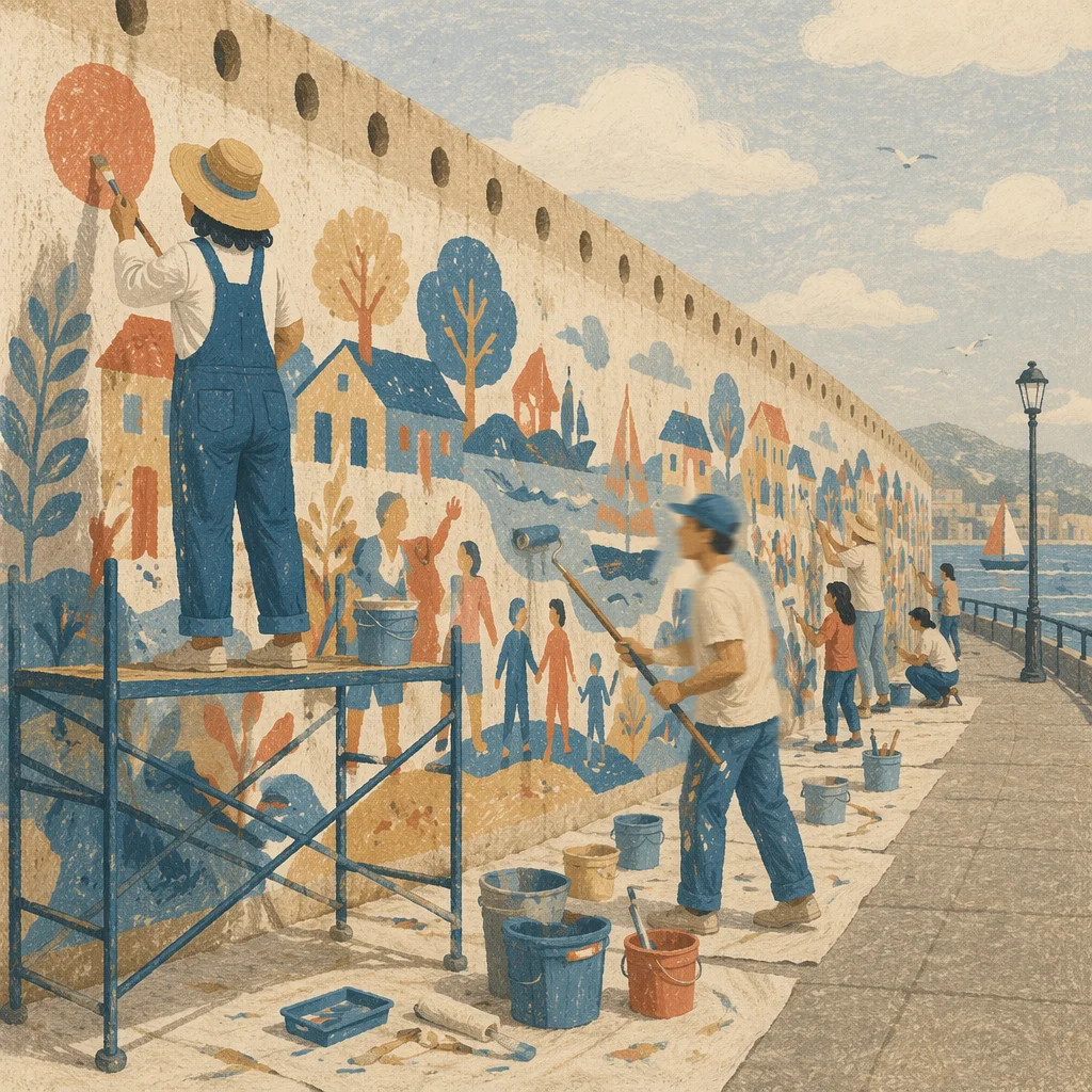 Community Volunteers Painting Waterfront Mural Together