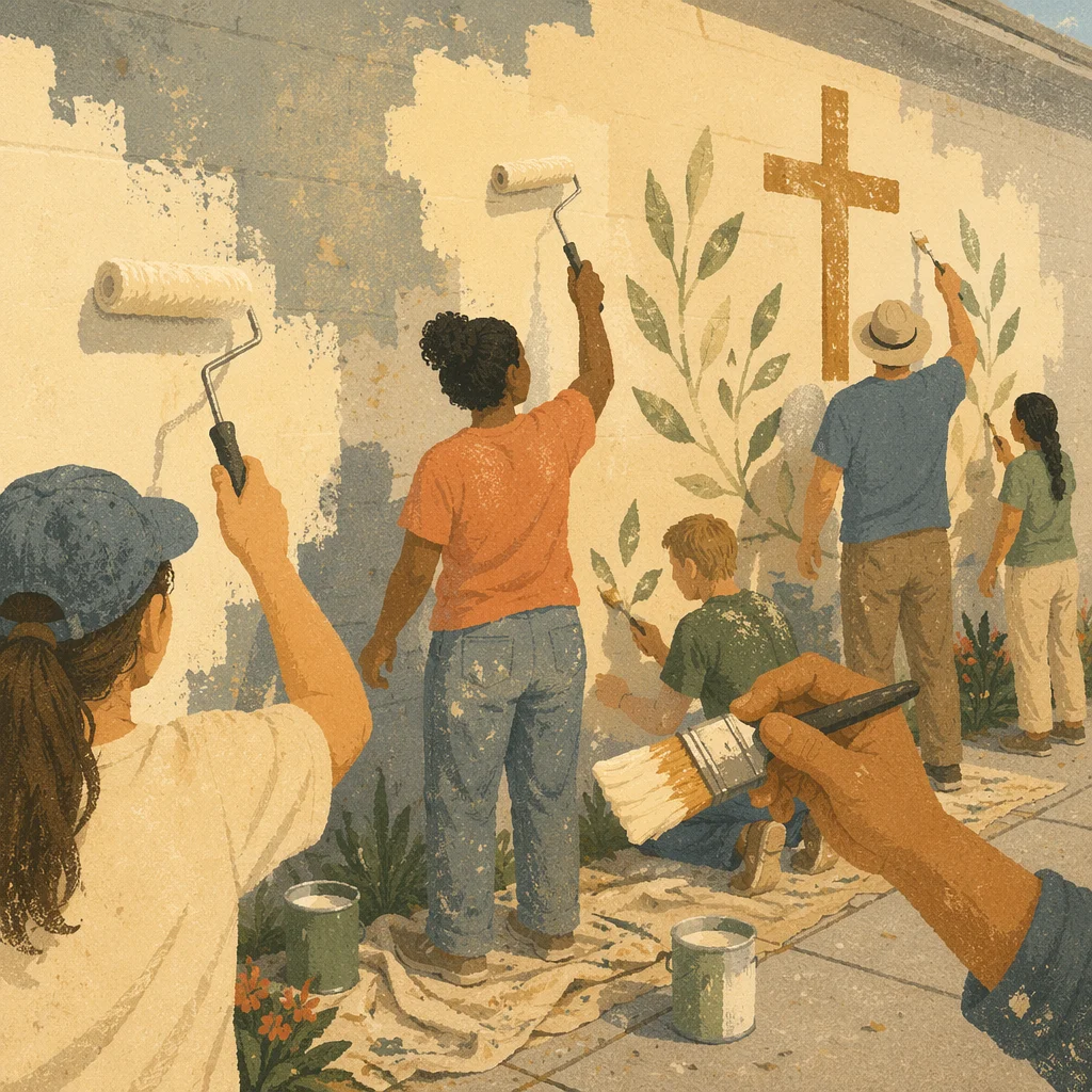 Church Volunteers Painting Community Mural Wall