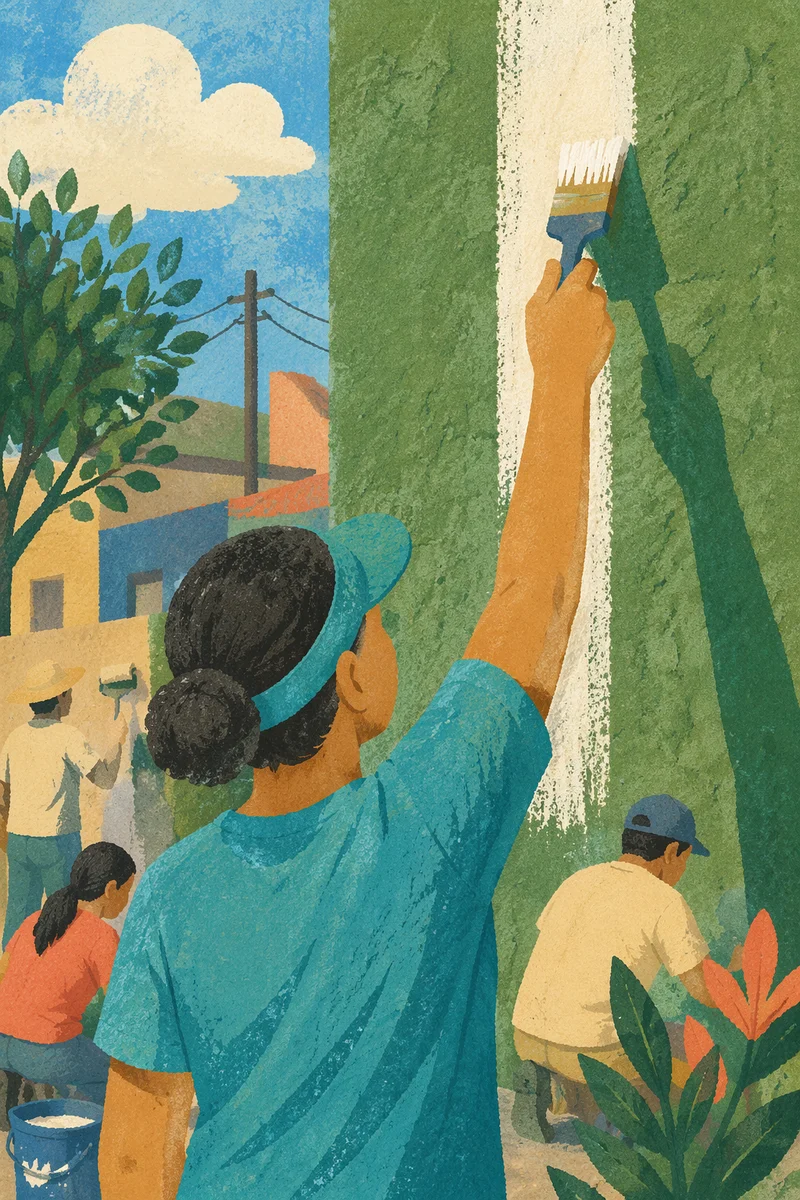 Community Volunteers Painting a Green Neighborhood Wall