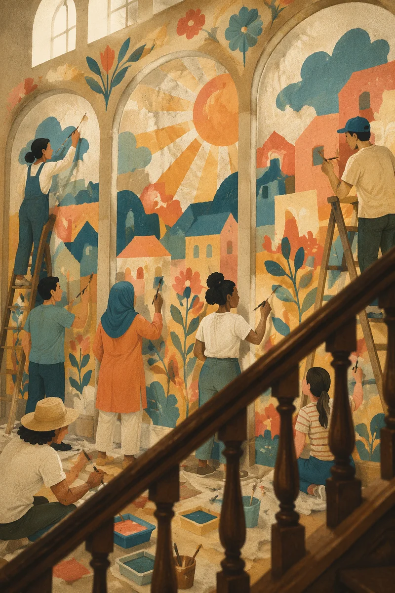 Volunteers Painting Colorful Community Hall Mural