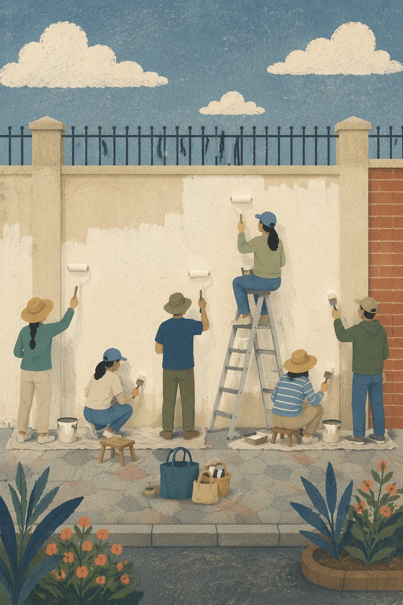 Community Volunteers Painting Urban Wall Together