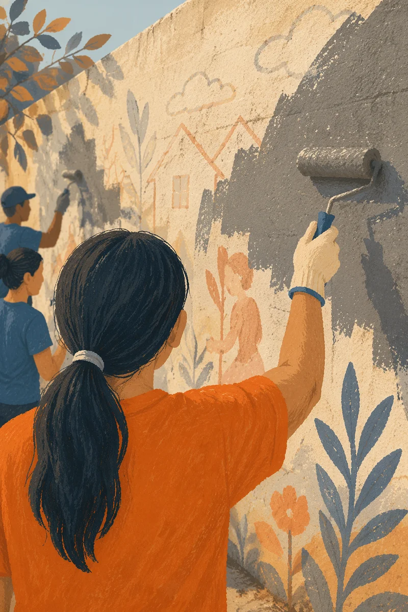 Volunteers Painting a Neighborhood Wall Together