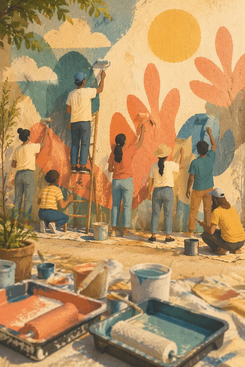 Volunteers Painting a Colorful Community Wall