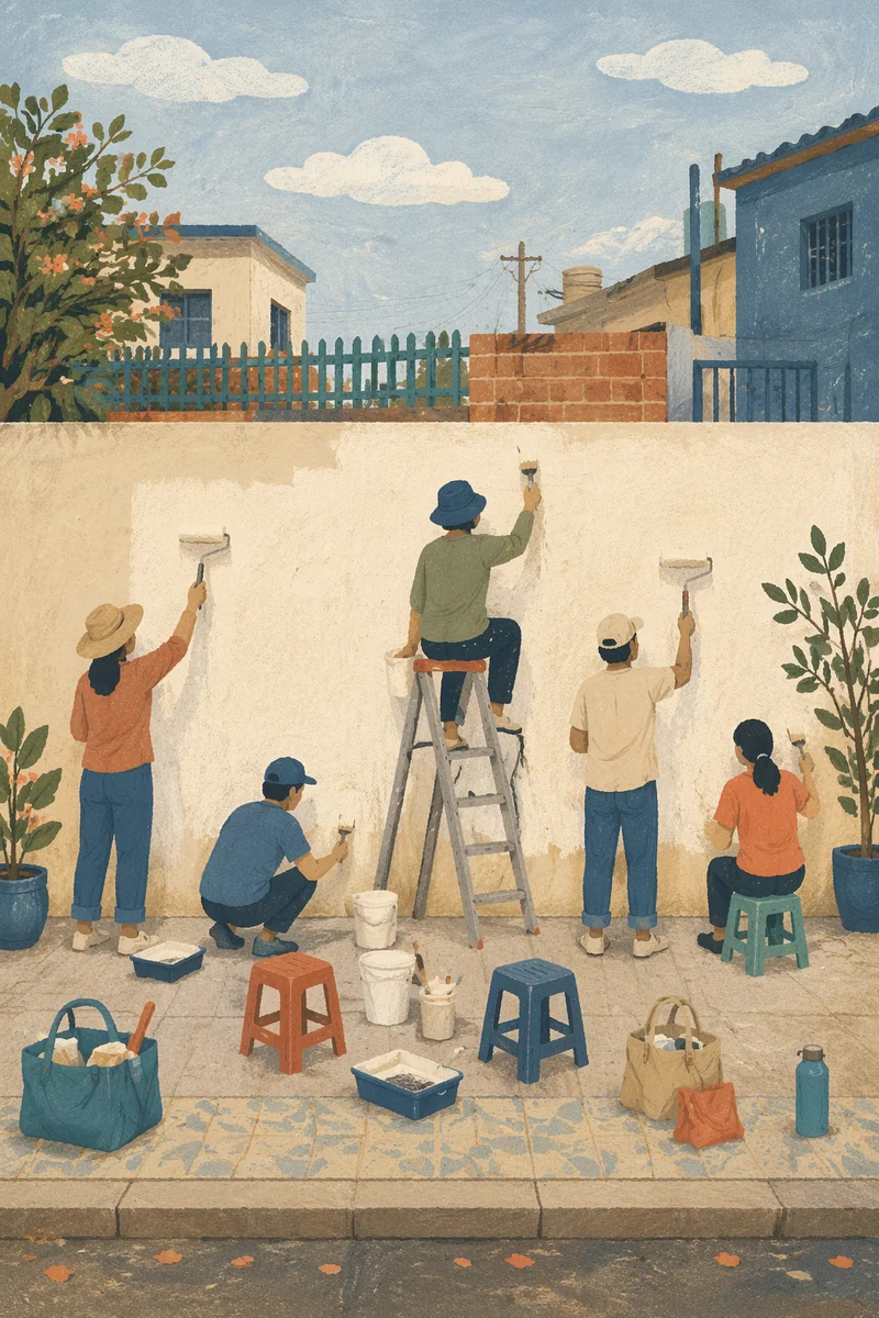 Volunteers Painting a Neighborhood Wall Together