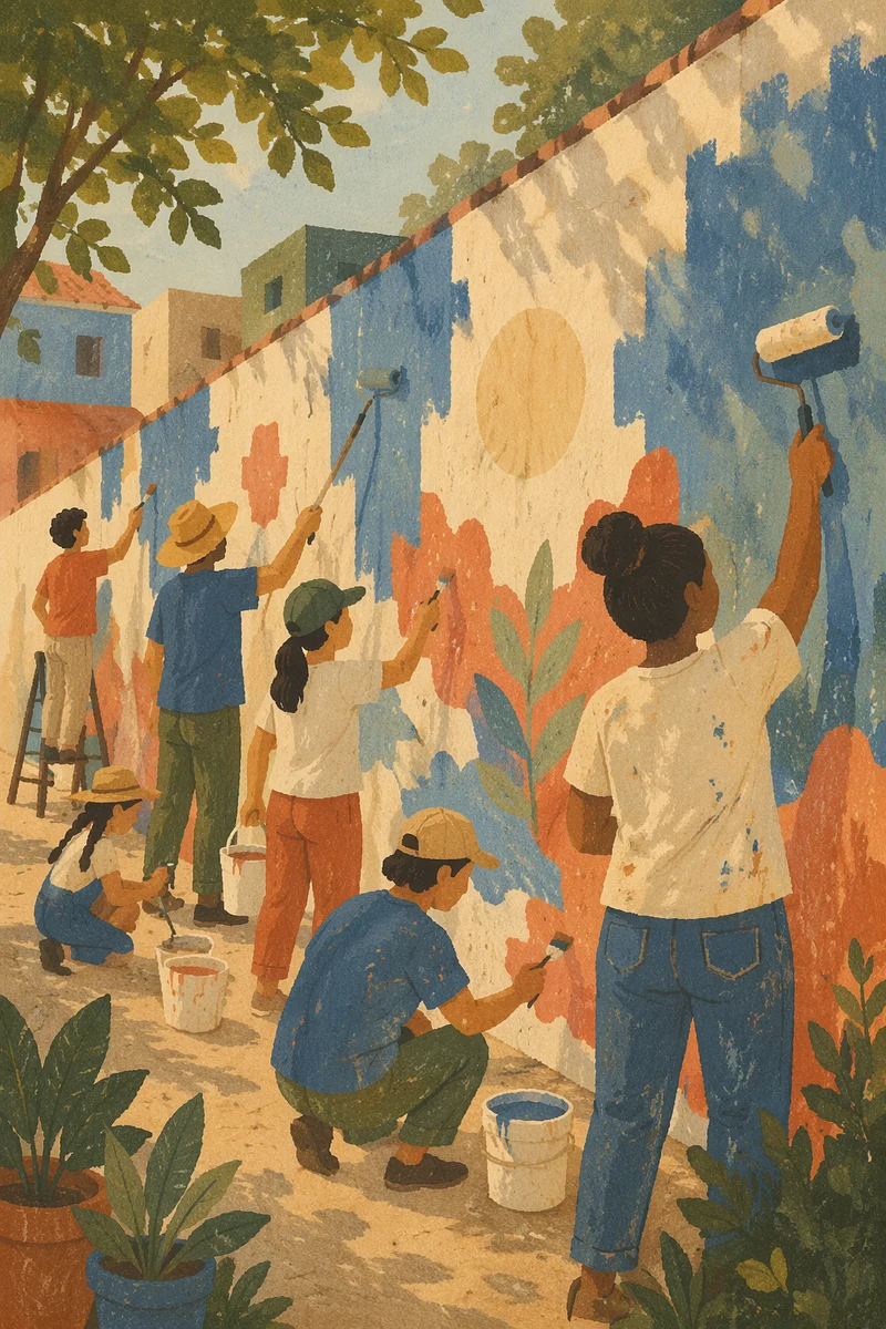 Volunteers Painting Community Wall at Sunset