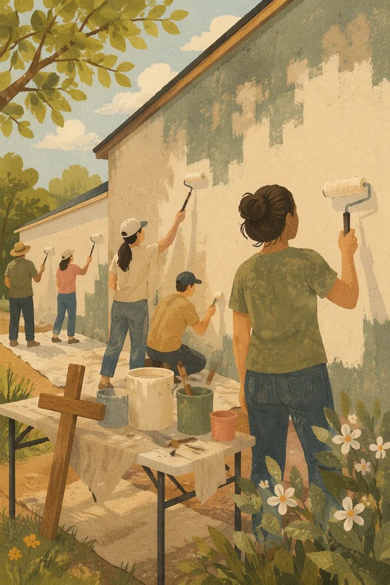 Church Volunteers Painting Community Wall Together