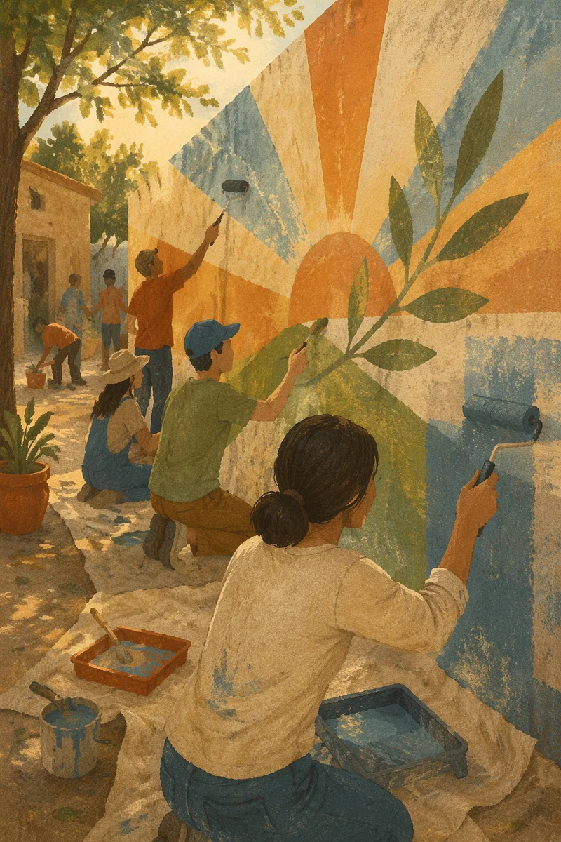 Volunteers Painting Hopeful Community Wall Together