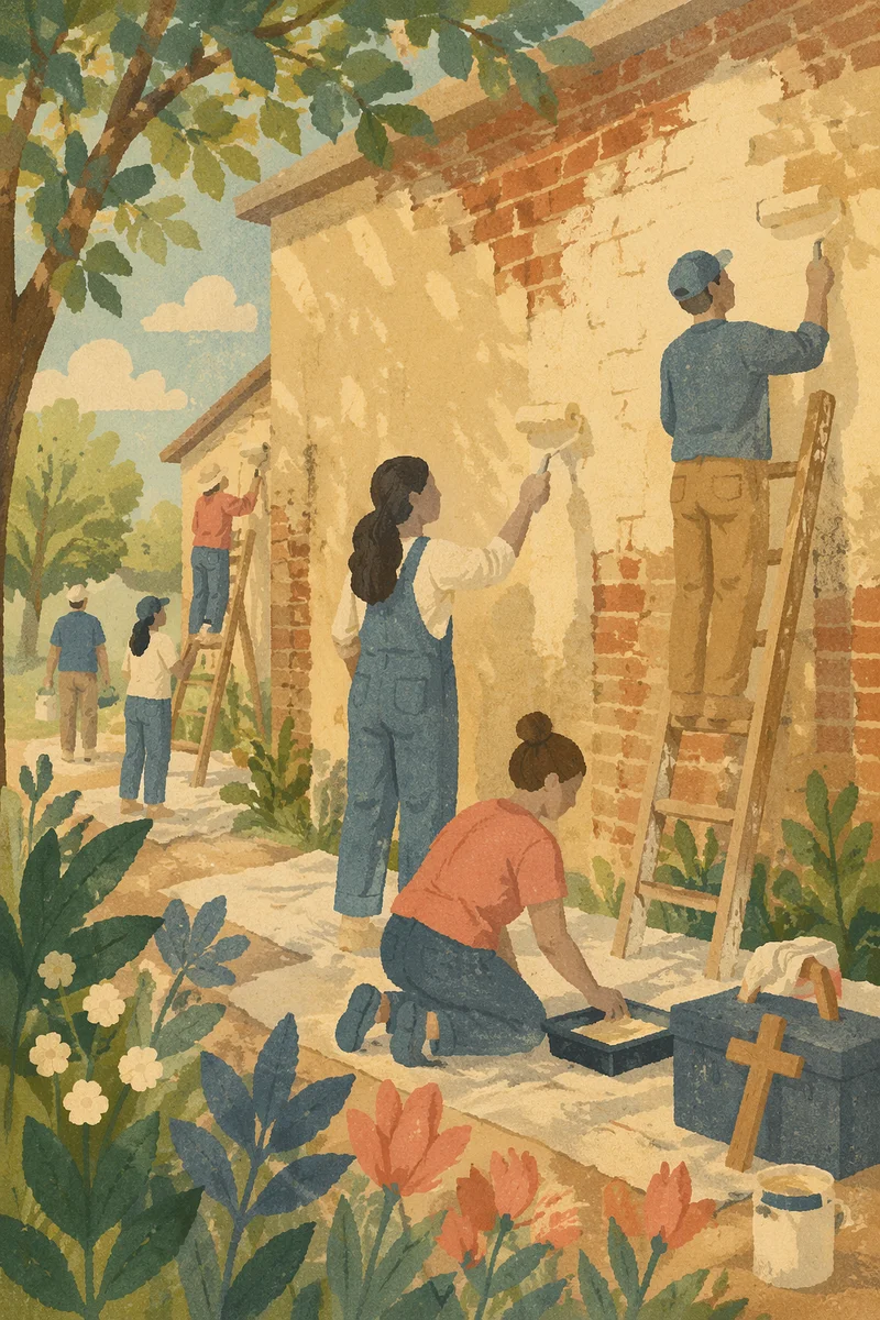 Church Volunteers Painting a Community Wall