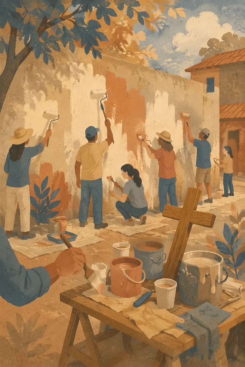 Church Volunteers Painting Community Wall Together