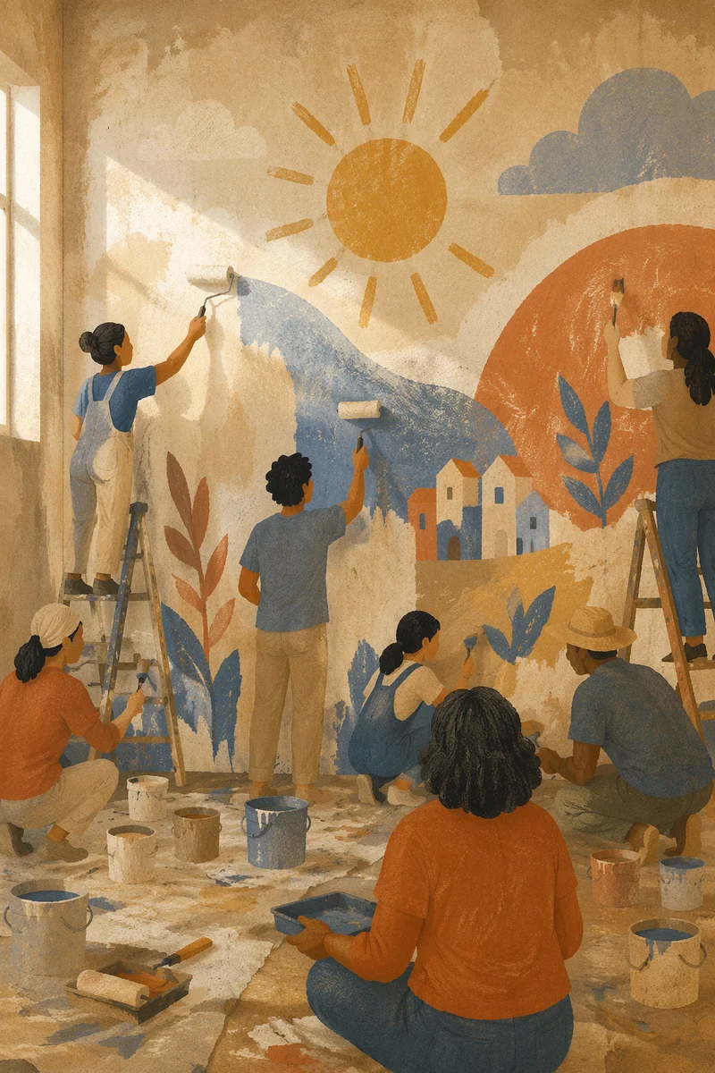 Community Volunteers Painting a Hopeful Mural