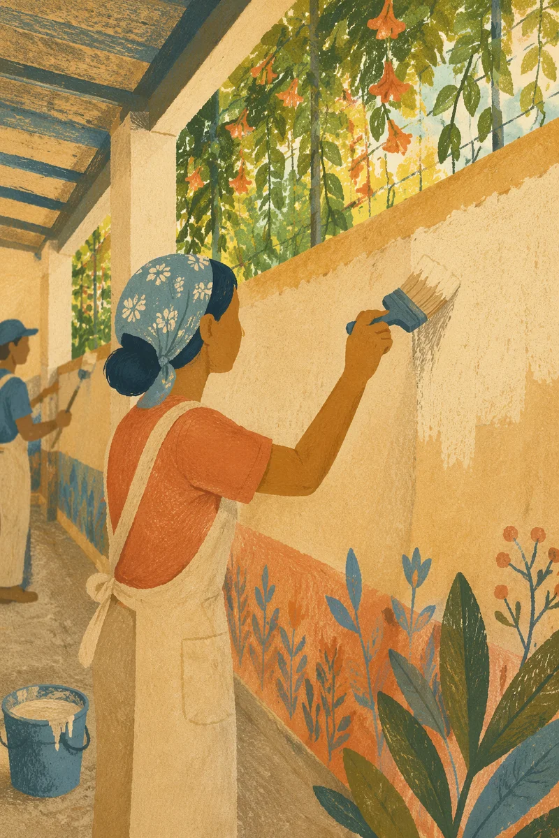 Volunteers Painting Sunlit Community Corridor Wall