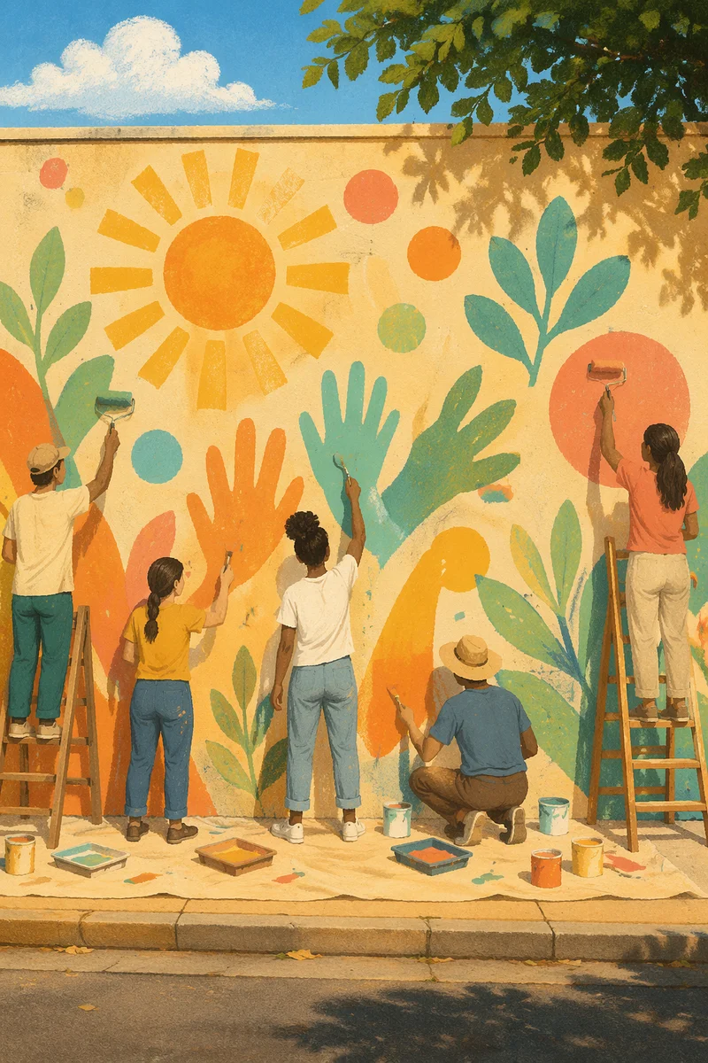 Volunteers Painting a Joyful Community Mural