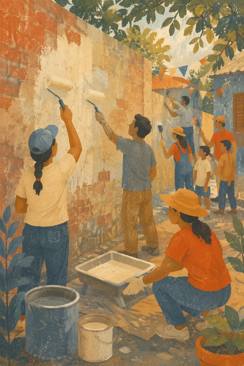 Volunteers Painting a Community Wall Together