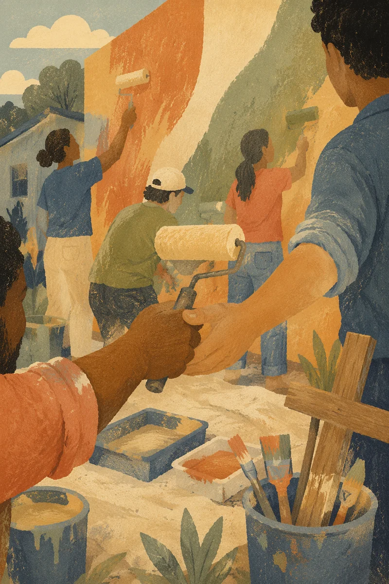 Volunteers Painting Community Wall in Hopeful Fellowship