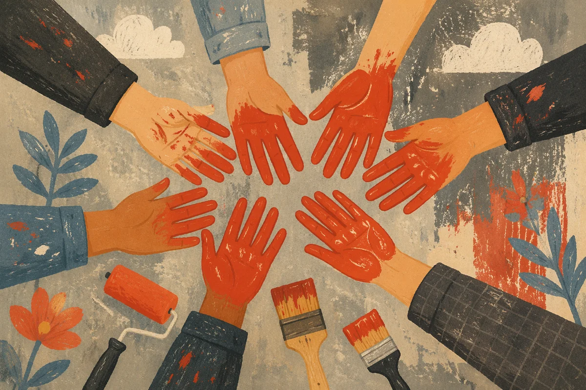 Volunteers Joining Red Painted Hands