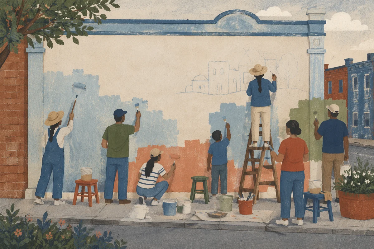 Community Volunteers Painting a Neighborhood Wall