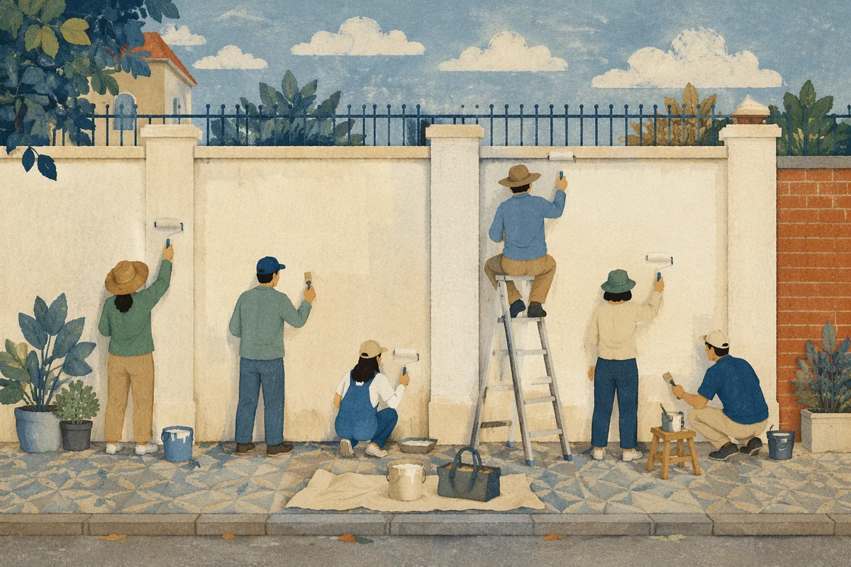 Community Volunteers Painting Urban Wall Together