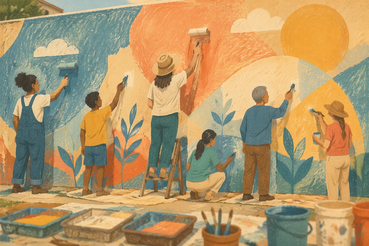 Community Volunteers Painting a Colorful Neighborhood Mural
