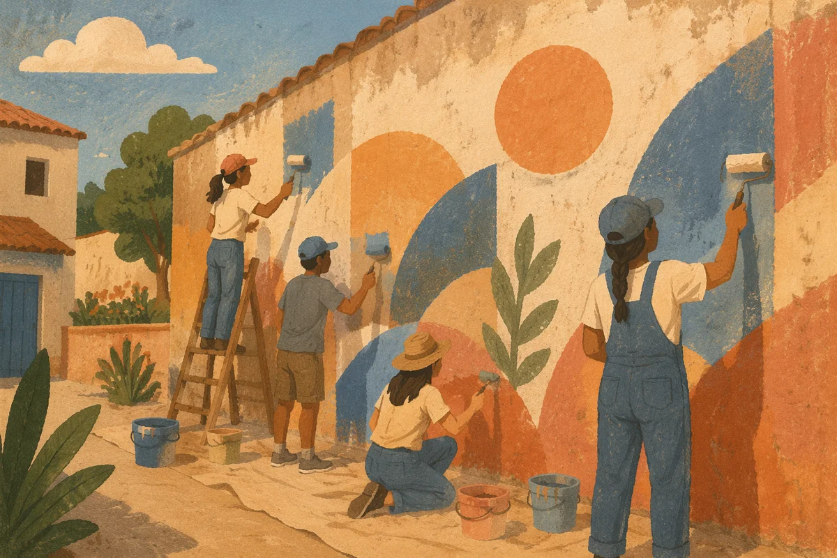Volunteers Painting Community Wall at Sunset