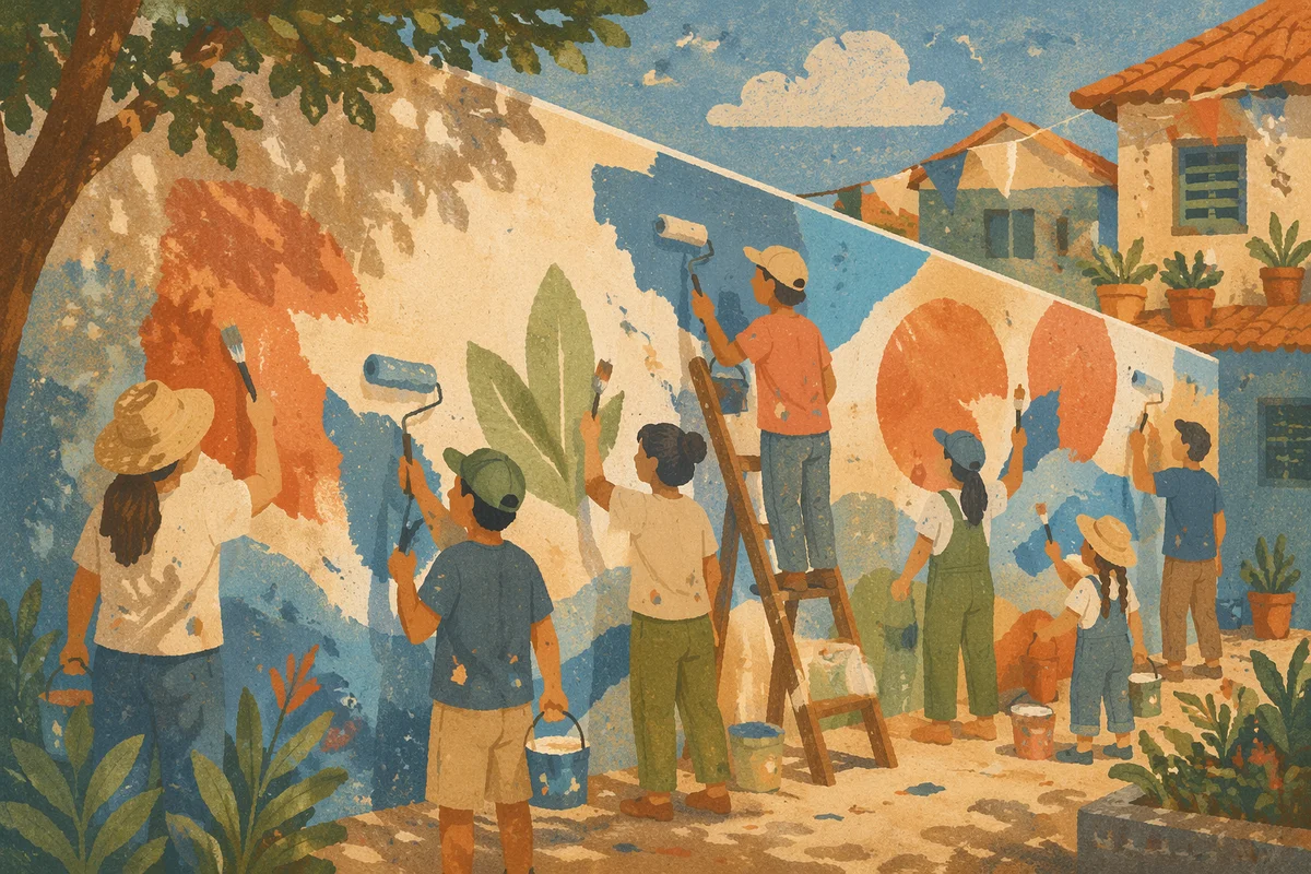 Volunteers Painting Community Wall at Sunset
