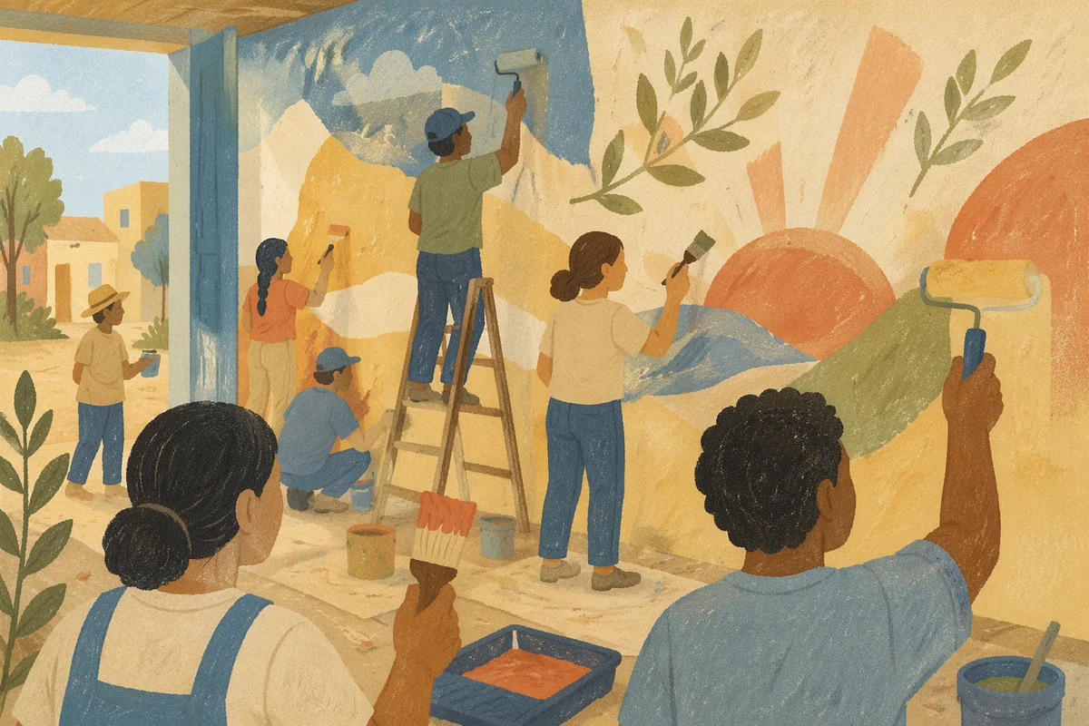 Volunteers Painting Community Mural Together