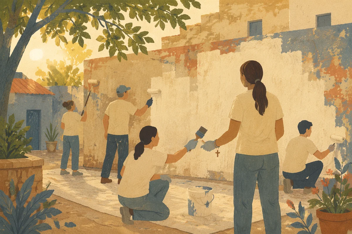 Christian Volunteers Painting Neighborhood Wall Together