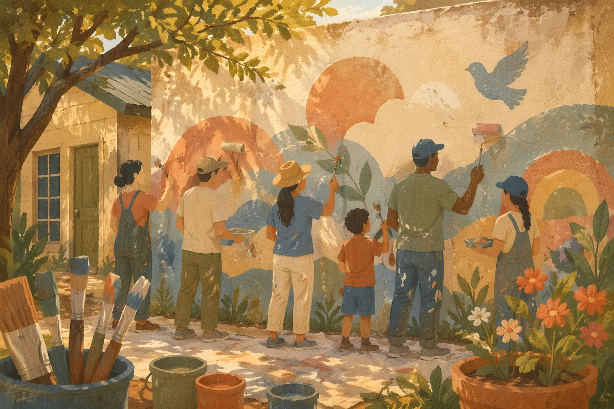Volunteers Painting Hopeful Community Garden Mural