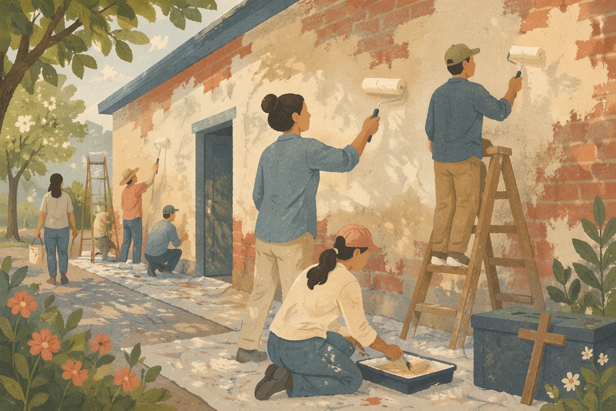 Church Volunteers Painting Community Center Wall