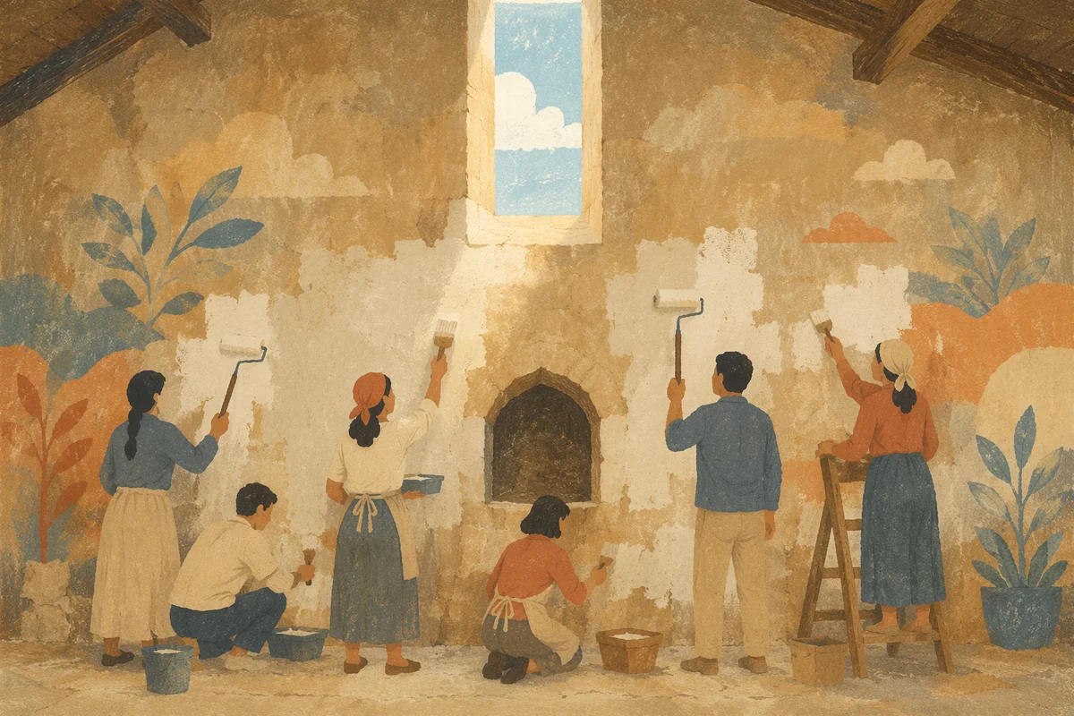 Volunteers Restoring Rustic Community Hall Wall