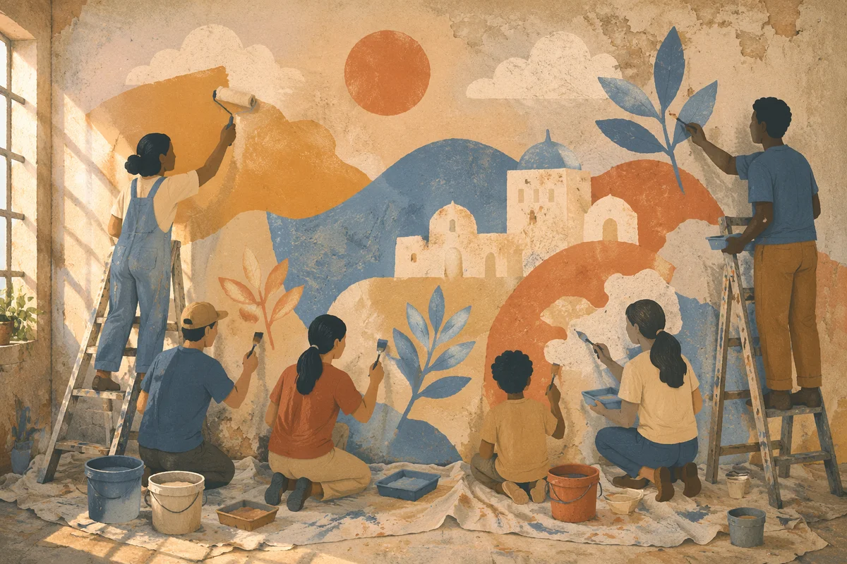 Volunteers Painting a Community Mural Together