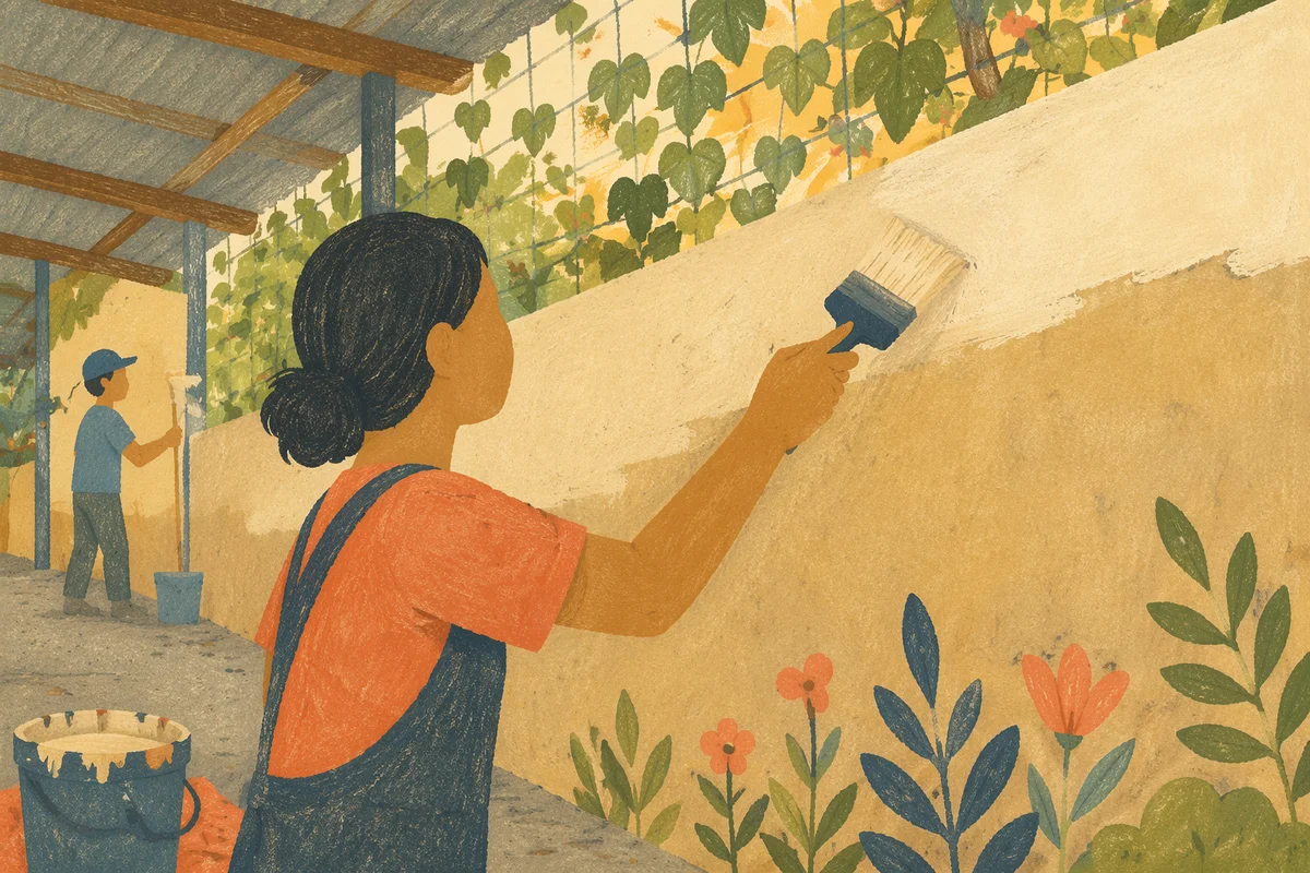 Volunteers Painting a Sunlit Community Wall