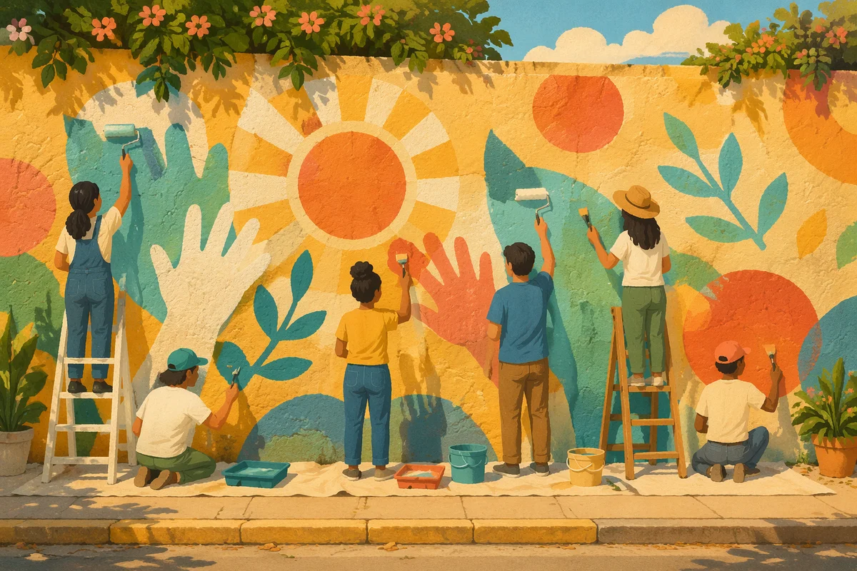 Volunteers Painting a Joyful Community Mural
