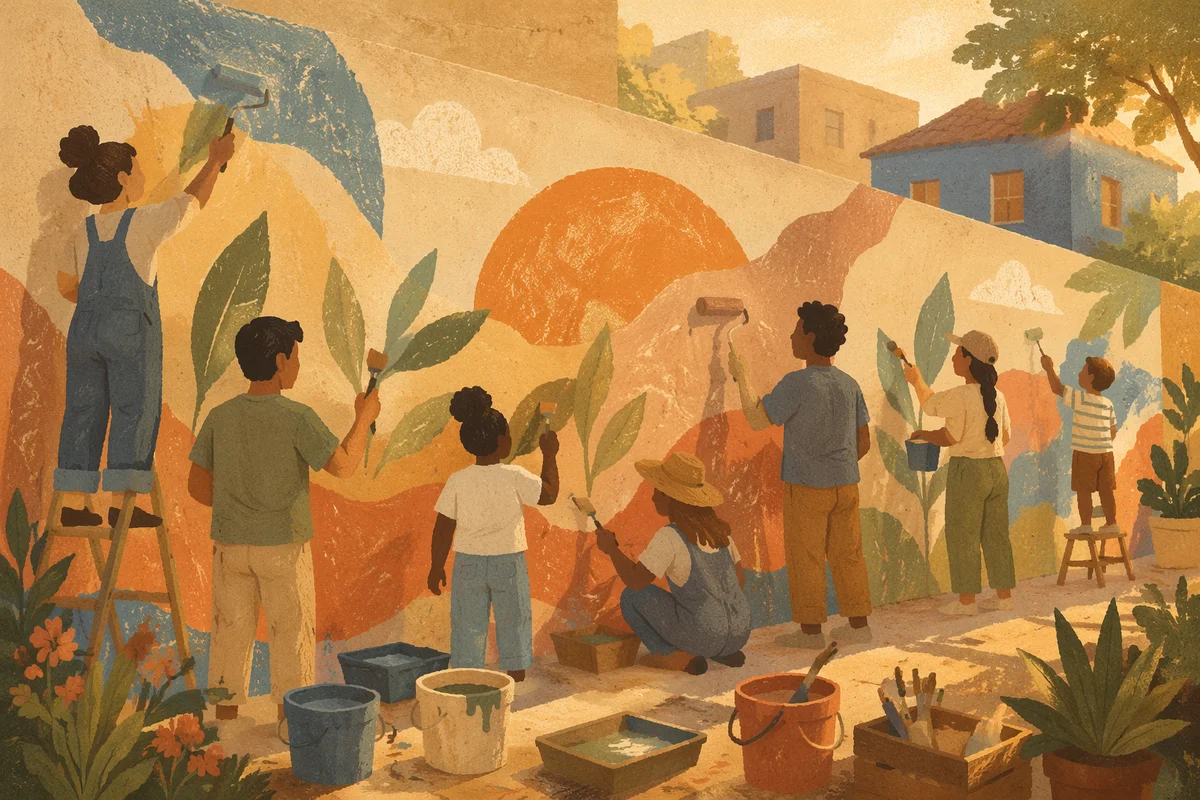 Volunteers Painting Hopeful Community Mural Together