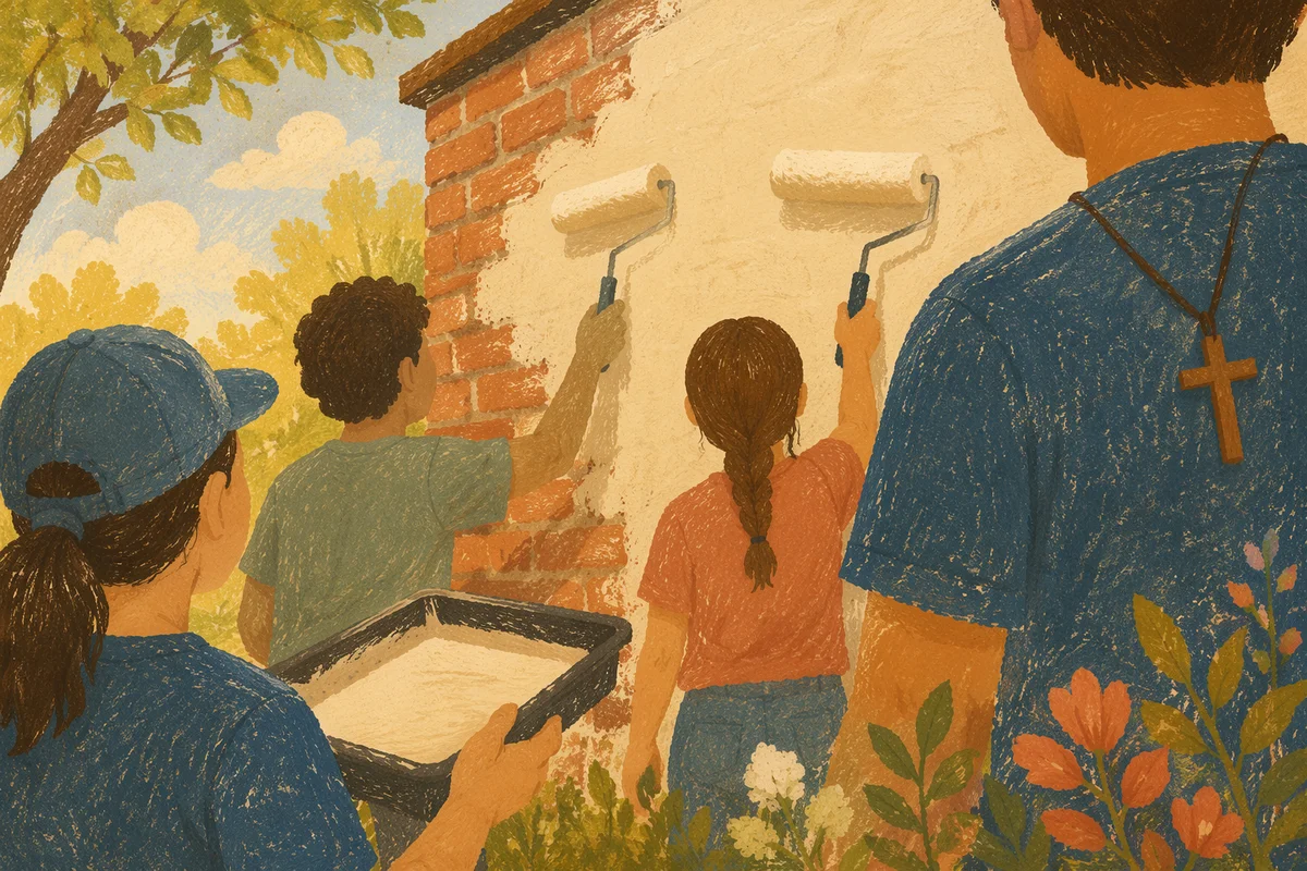 Volunteers Painting Community Wall in Spring Light