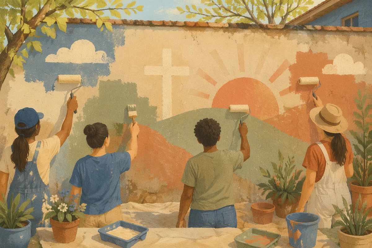 Church Volunteers Painting a Community Garden Mural