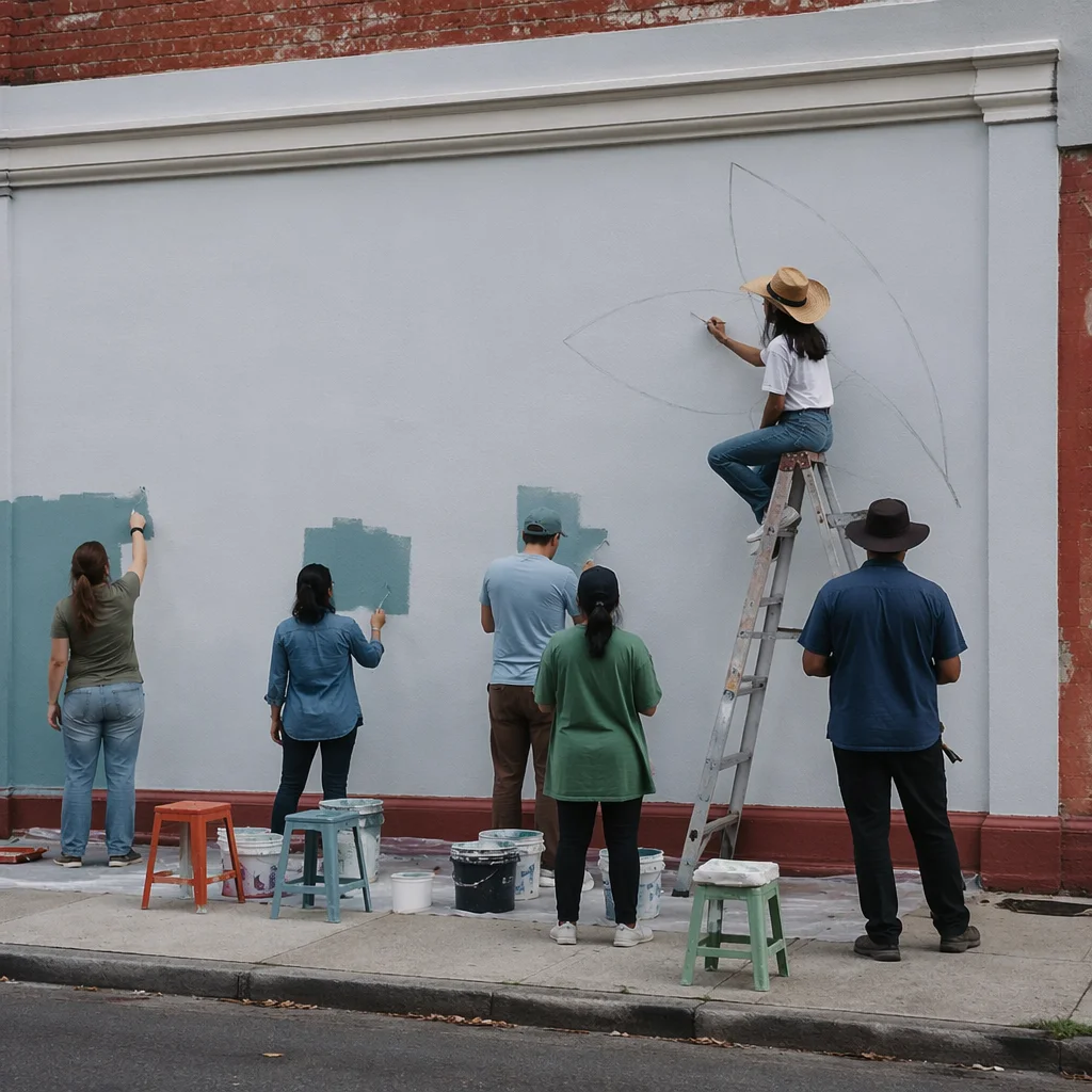 Community Volunteers Painting Neighborhood Wall