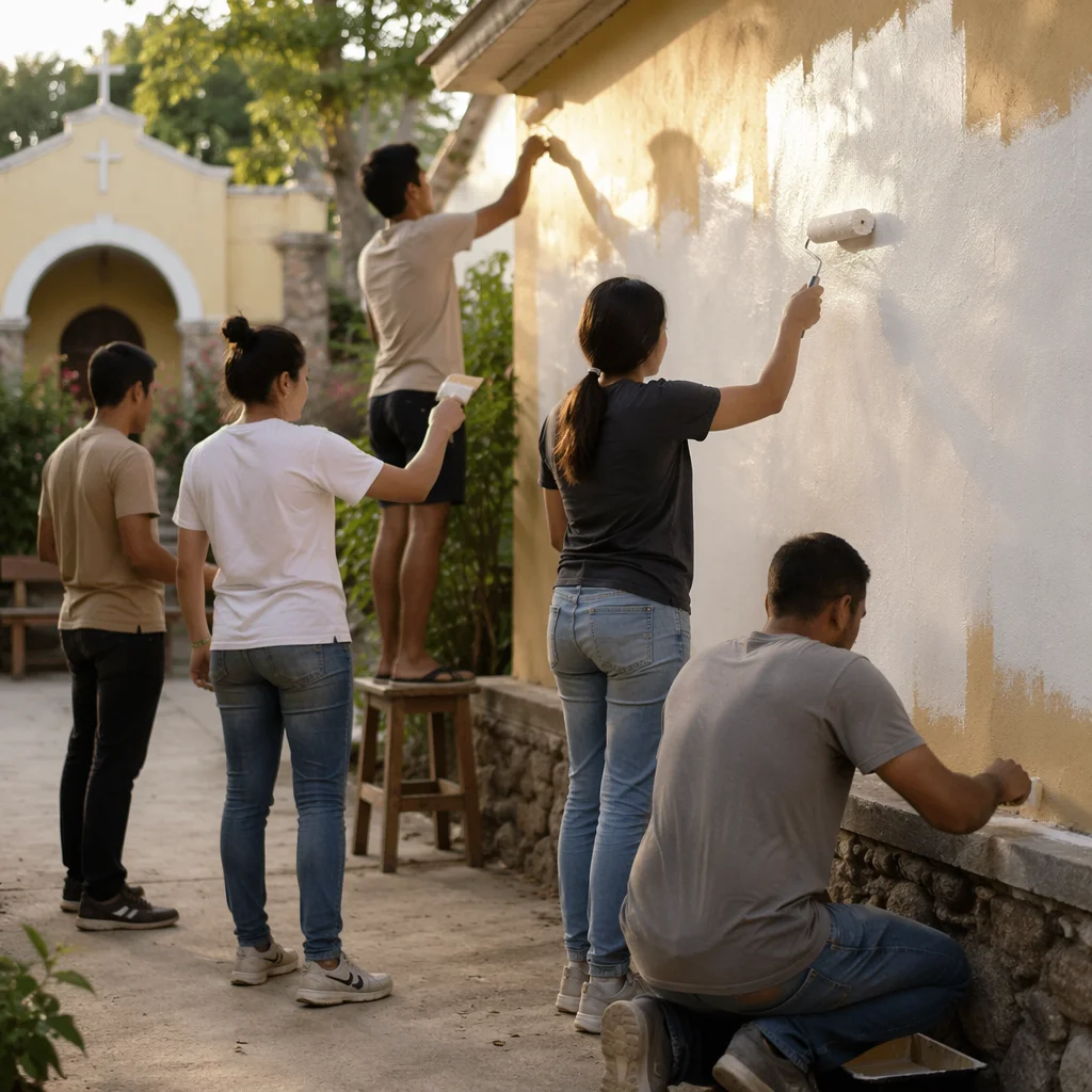 Community Volunteers Painting Chapel Courtyard Wall