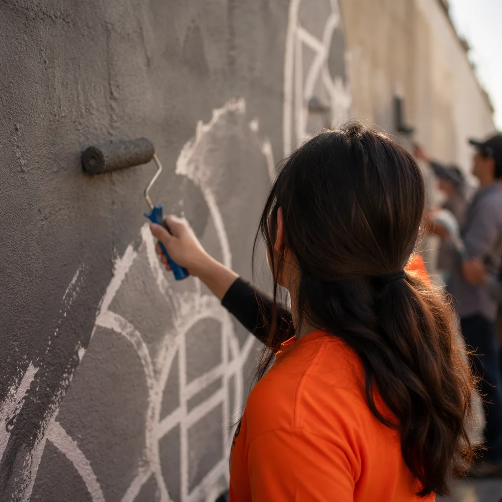 Community Volunteers Painting Neighborhood Wall