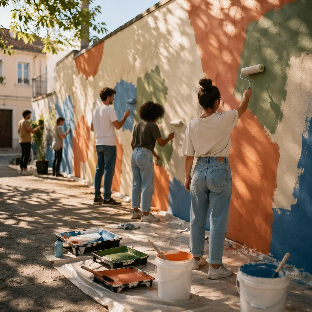 Volunteers Painting Community Mural Together