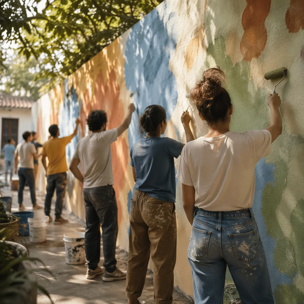 Volunteers Painting Community Wall at Sunset