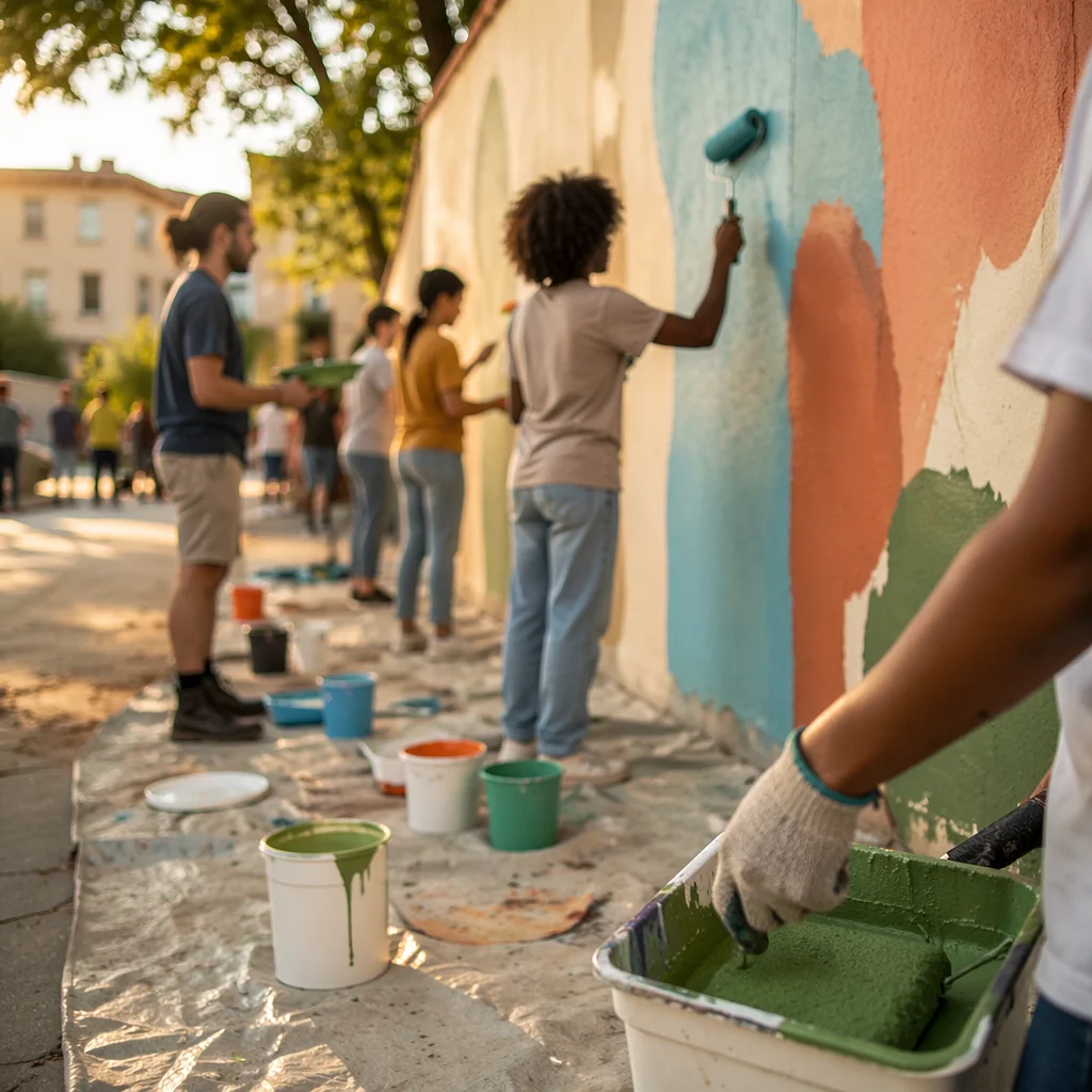 Volunteers Painting Community Wall at Sunset
