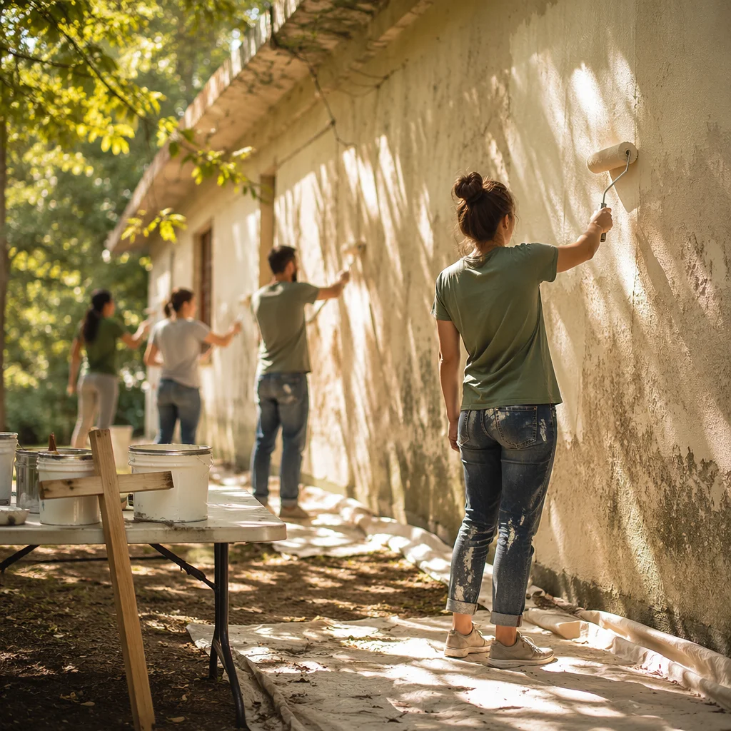 Church Volunteers Painting Community Wall Together