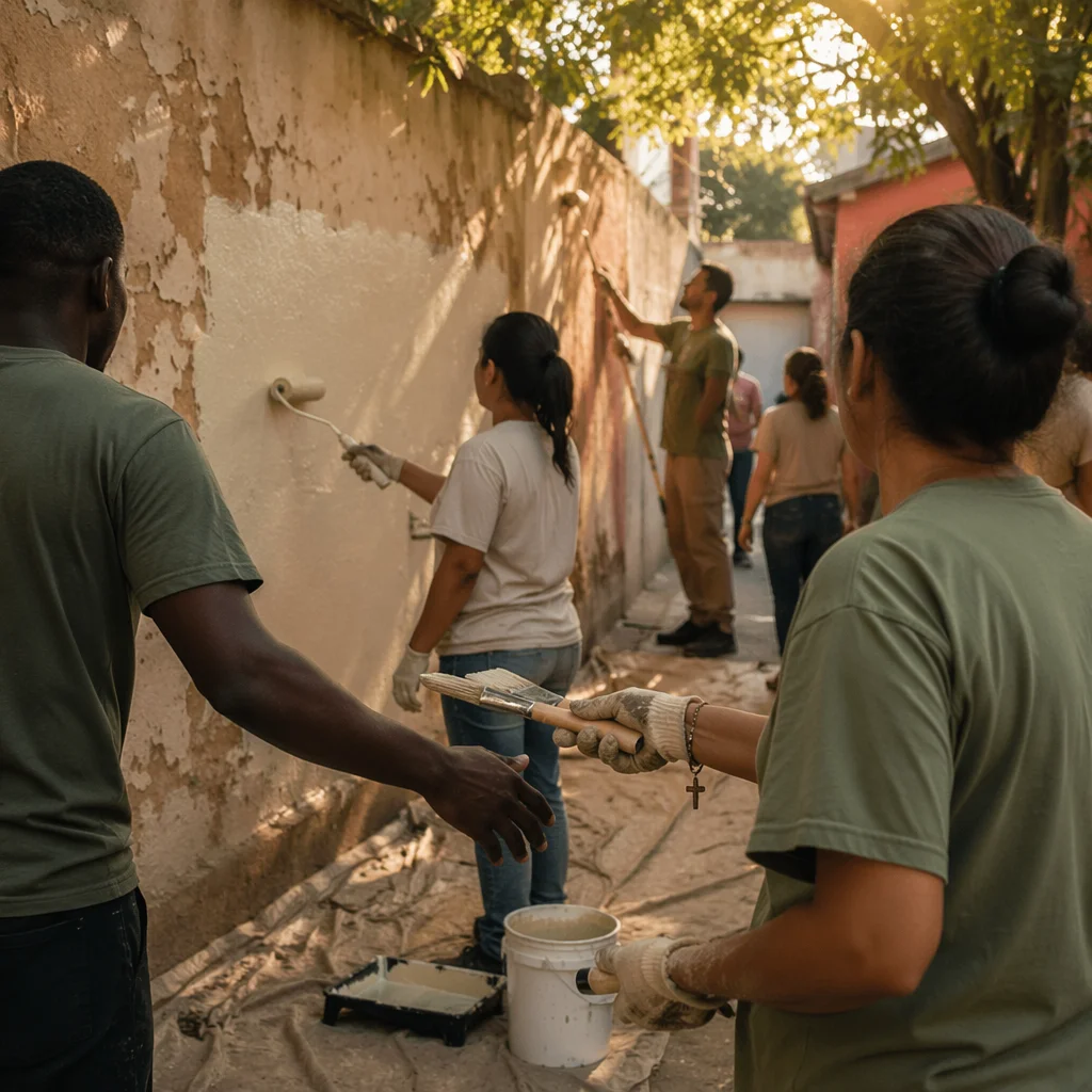 Christian Volunteers Painting a Neighborhood Wall