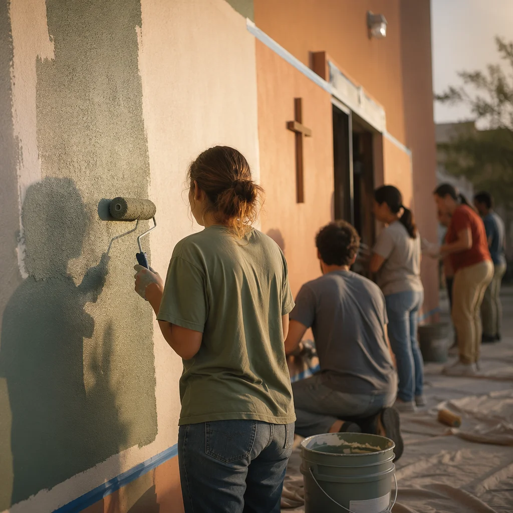Volunteers Painting Community Wall in Fellowship