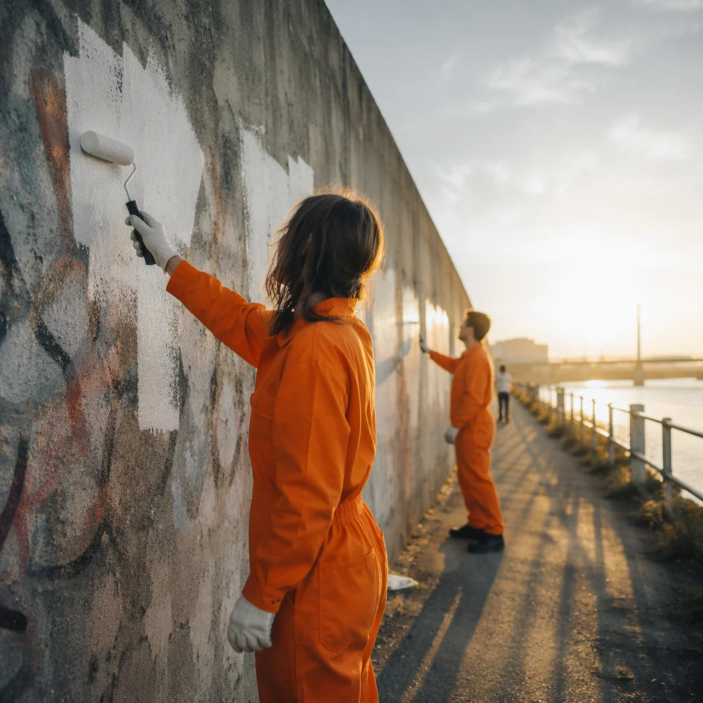 Volunteers Repainting Community Wall at Sunset